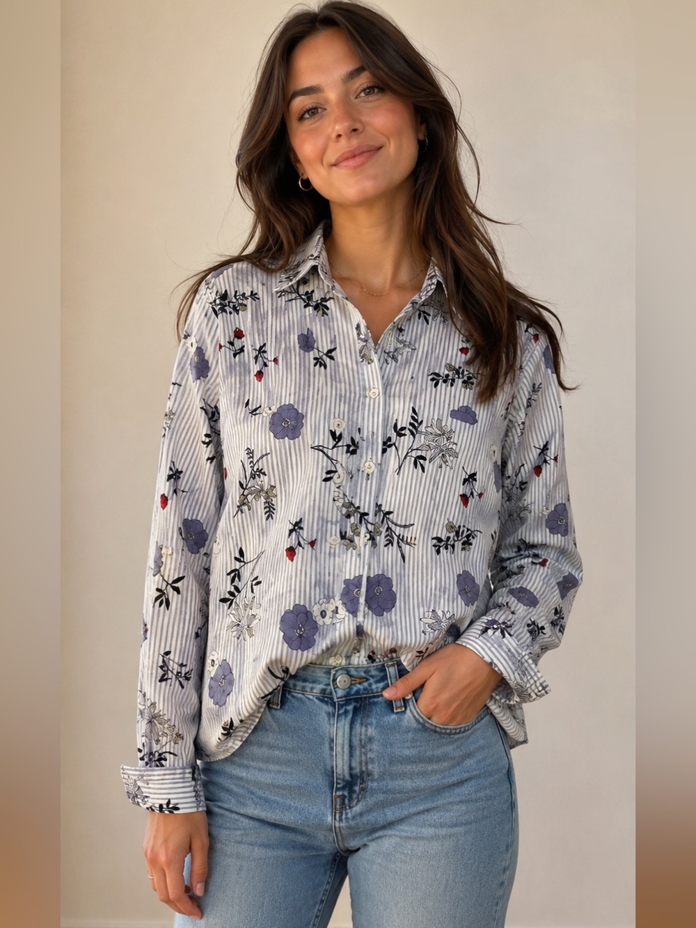 Striped Floral Button-Up Shirt pOplin Polished Closet Staple Size PXL